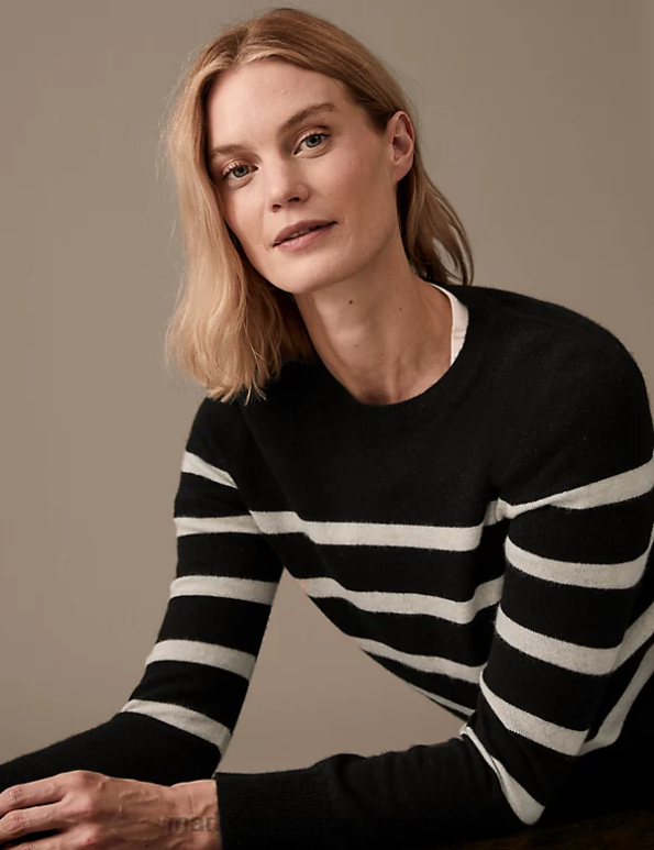 Marks and Spencer near me - Women Black Mix Clothing Marks & Spencer Pure Cashmere Striped Crew Neck Jumper 20VTD2497