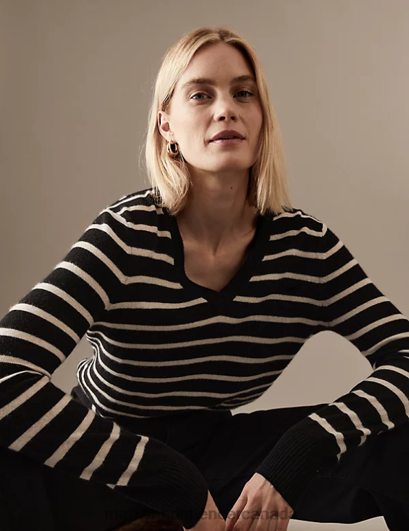 Women Black Mix Clothing Marks & Spencer Pure Cashmere Striped V-Neck Jumper 20VTD1893 - Marks and Spencer outlet