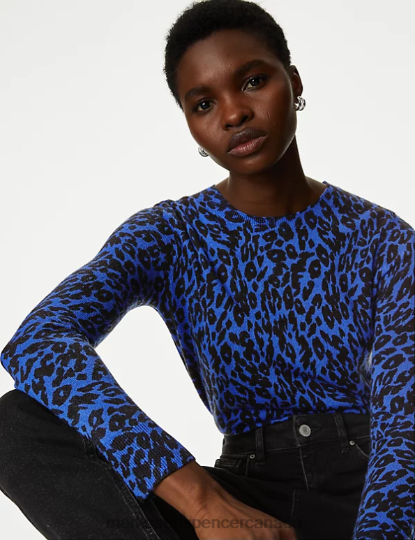 Marks and Spencer Canada - Women Blue Mix Clothing Marks & Spencer Supersoft Animal Print Crew Neck Jumper 20VTD444