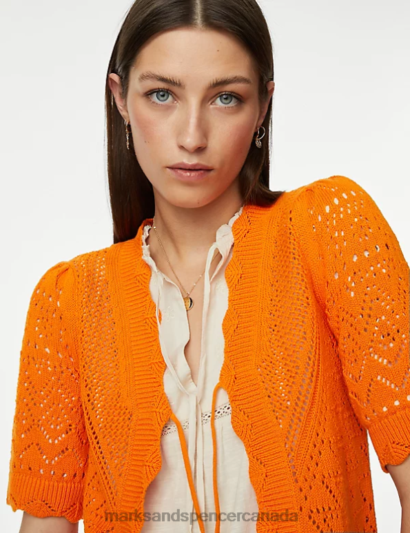 Marks and Spencer Canada - Women Bright Orange Clothing Marks & Spencer Pure Cotton Knitted V-Neck Cardigan 20VTD2434