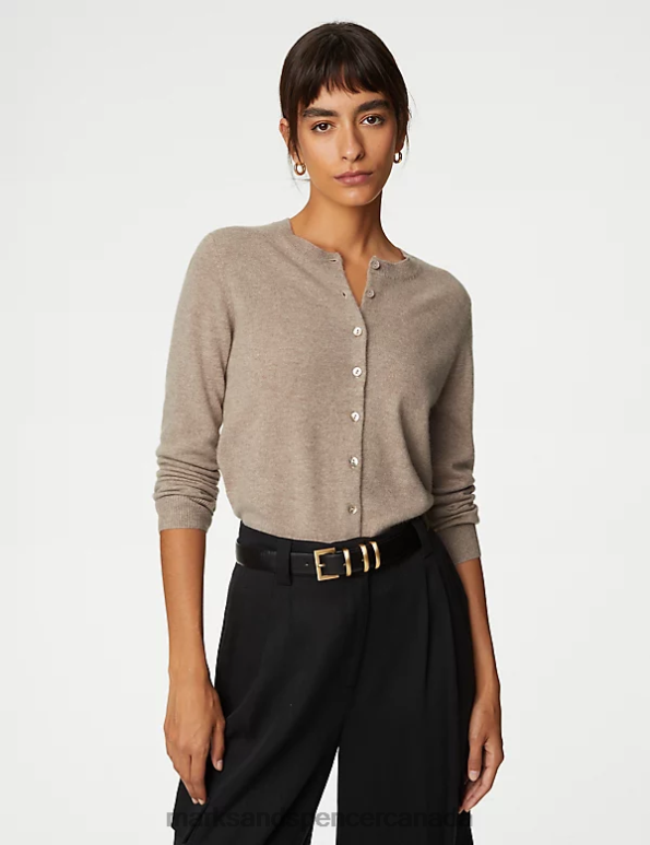 Women Cappuccino Clothing Marks & Spencer Pure Cashmere Crew Neck Cardigan 20VTD2906 - Marks and Spencer online