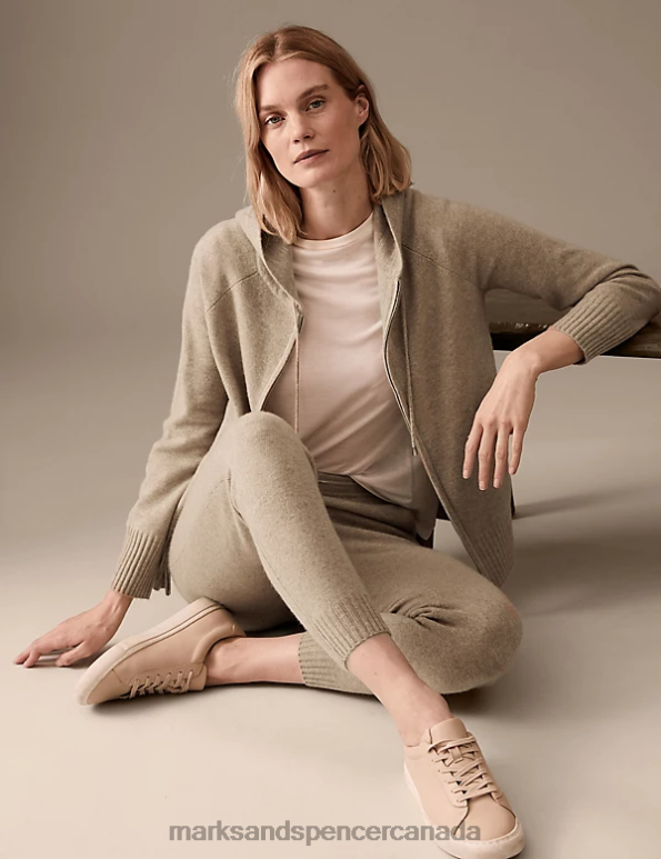 Women Cappuccino Clothing Marks & Spencer Pure Cashmere Knitted Relaxed Hoodie 20VTD3021 - Marks and Spencer outlet