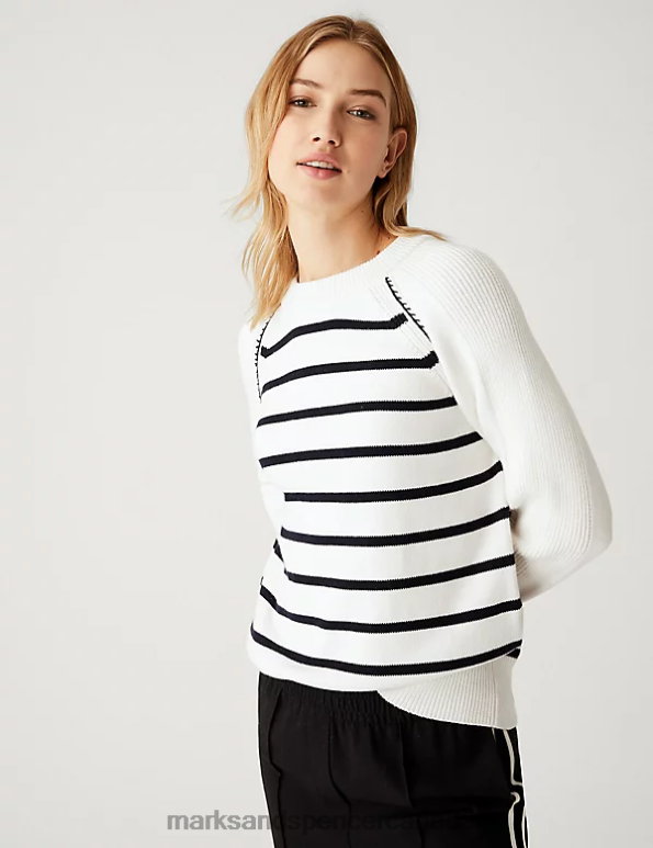 Women Cream Mix Clothing Marks & Spencer Cotton Rich Striped Crew Neck Jumper 20VTD2305 - Marks and Spencer online