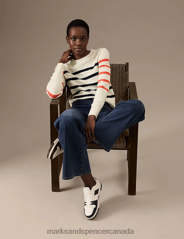 Marks and Spencer sale - Women Cream Mix Clothing Marks & Spencer Pure Cashmere Striped Crew Neck Jumper 20VTD2867