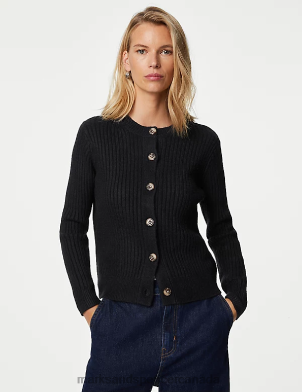 Women Dark Navy Clothing Marks & Spencer Knitted Ribbed Crew Neck Cardigan 20VTD53 - Marks and Spencer online