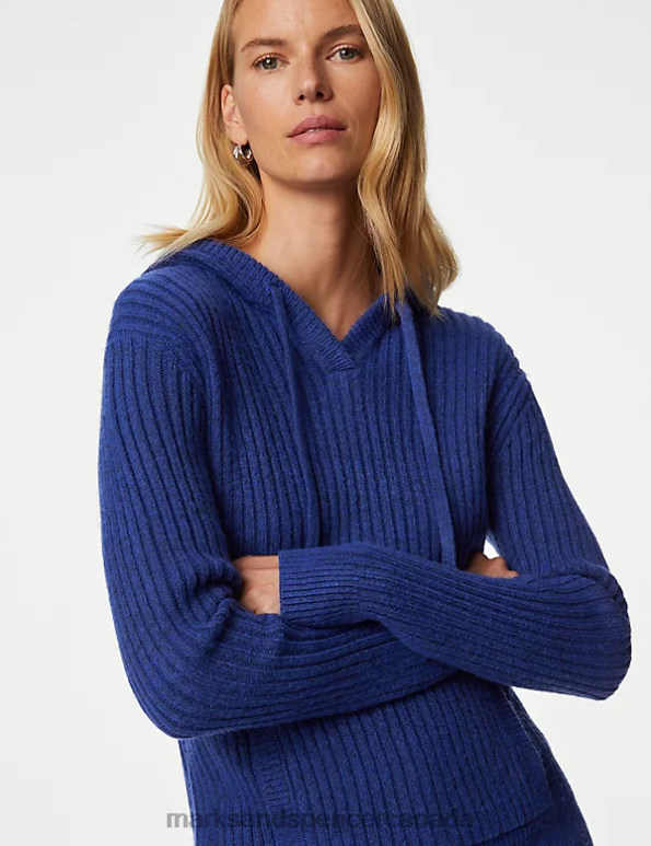 Women Electric Blue Clothing Marks & Spencer Ribbed V-Neck Hoodie 20VTD247 - Marks and Spencer online