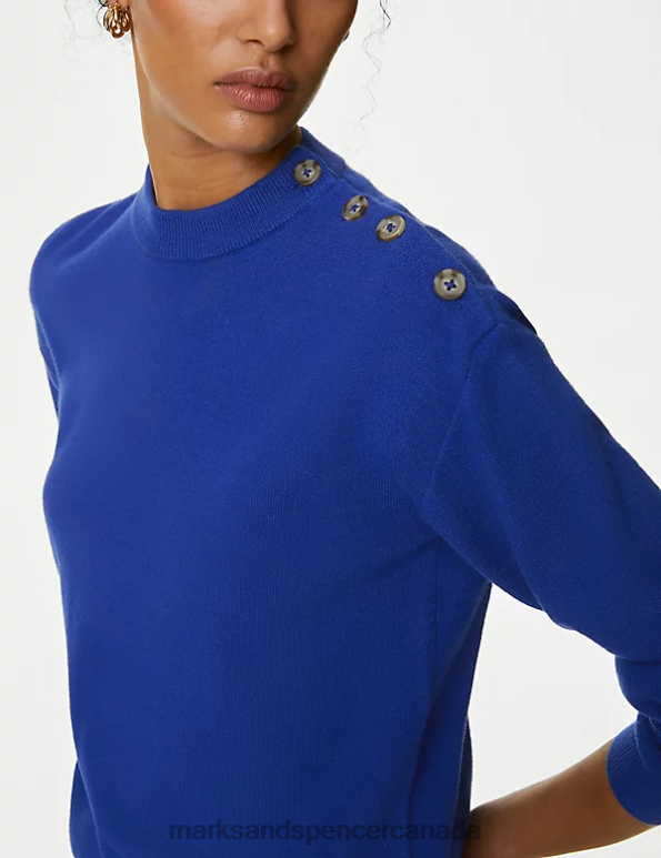 Women Electric Blue Clothing Marks & Spencer Soft Touch Crew Neck Button Detail Jumper 20VTD2192 - Marks and Spencer outlet