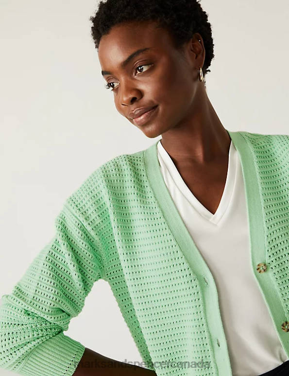 Women Fresh Mint Clothing Marks & Spencer Cotton Rich Textured V-Neck Cardigan 20VTD1744 - Marks and Spencer Canada locations