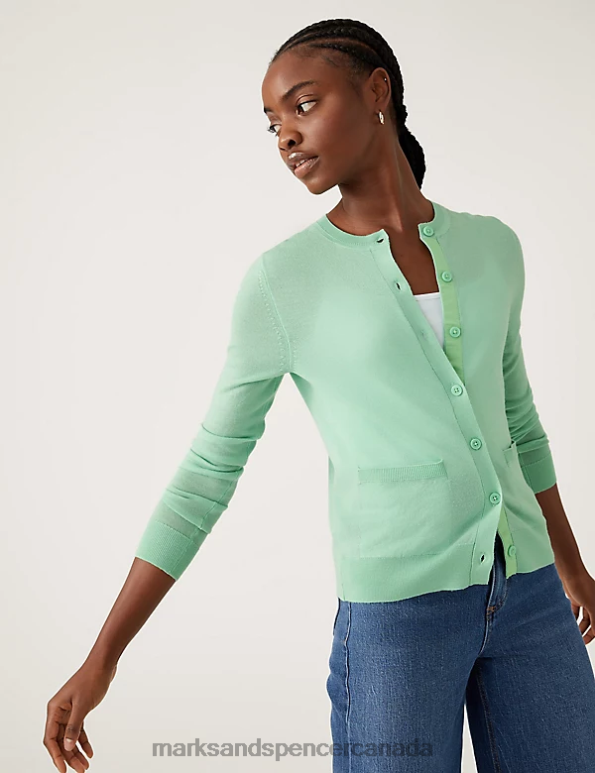 Marks and Spencer Canada - Women Fresh Mint Clothing Marks & Spencer Pure Merino Wool Crew Neck Cardigan 20VTD1388