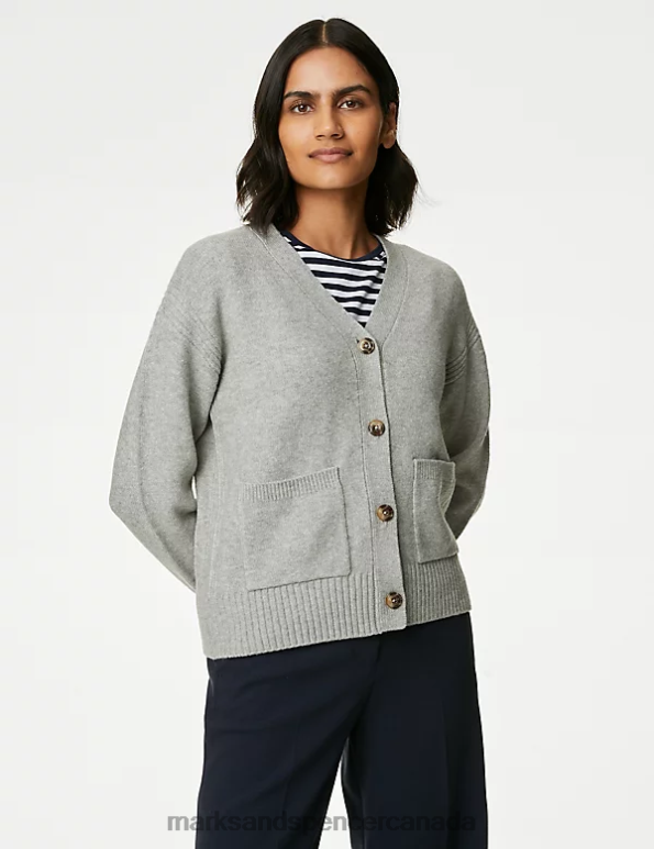 Marks and Spencer near me - Women Grey Marl Clothing Marks & Spencer Recycled Blend V-Neck Button Front Cardigan 20VTD456