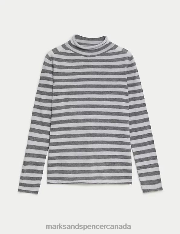 Marks and Spencer Canada - Women Grey Mix Clothing Marks & Spencer Pure Merino Wool Striped Funnel Neck Jumper 20VTD1134