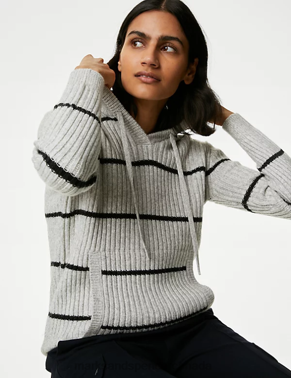 Women Grey Mix Clothing Marks & Spencer Striped V-Neck Knitted Hoodie 20VTD782 - Marks and Spencer online