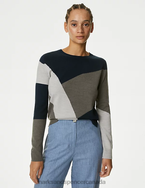 Marks and Spencer Canada - Women Grey Mix Clothing Marks & Spencer Supersoft Colour Block Crew Neck Jumper 20VTD685