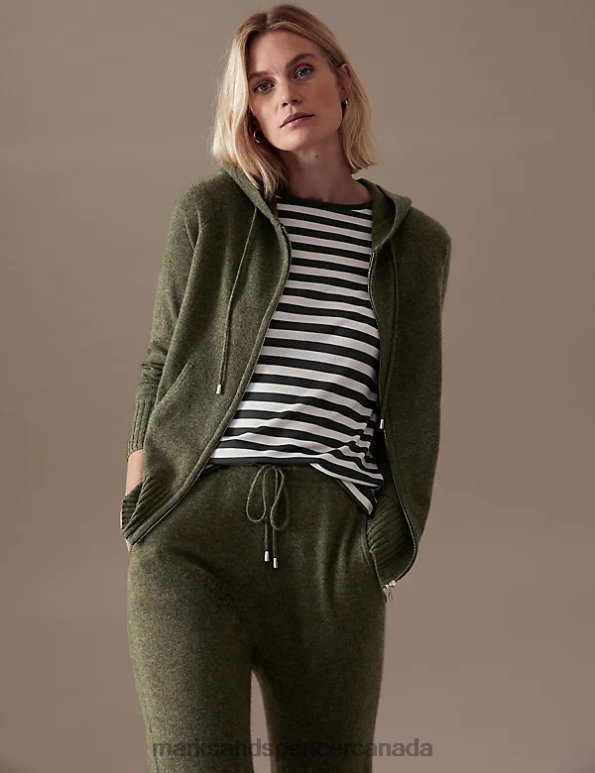 Women Hunter Green Clothing Marks & Spencer Pure Cashmere Knitted Relaxed Hoodie 20VTD3020 - Marks and Spencer Canada locations