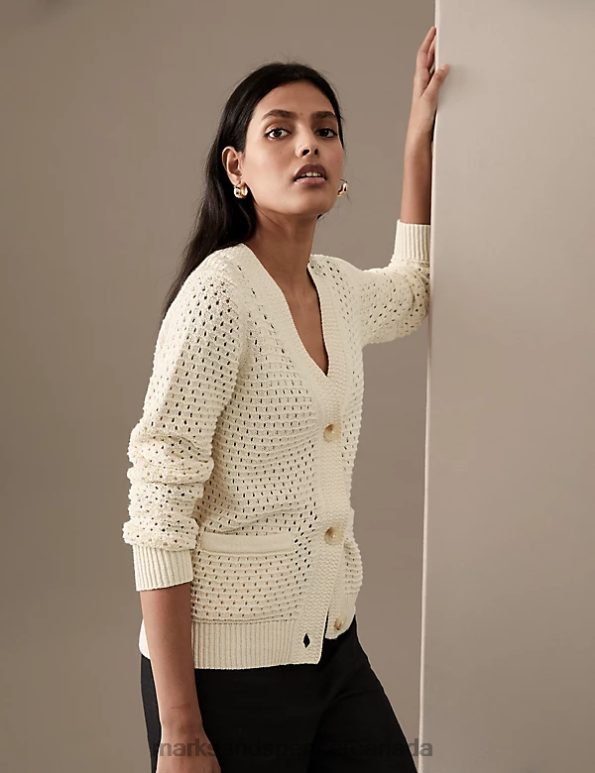 Marks and Spencer near me - Women Ivory Clothing Marks & Spencer Cotton Rich Crochet V-Neck Cardigan 20VTD2932