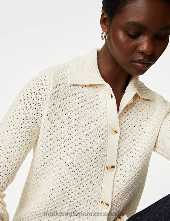 Women Ivory Clothing Marks & Spencer Cotton Rich Textured Collared Cardigan 20VTD83 - Marks and Spencer outlet