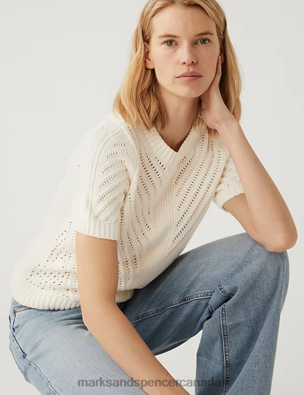 Women Ivory Clothing Marks & Spencer Cotton Rich Textured Crew Neck Knitted Top 20VTD2058 - Marks and Spencer Canada locations