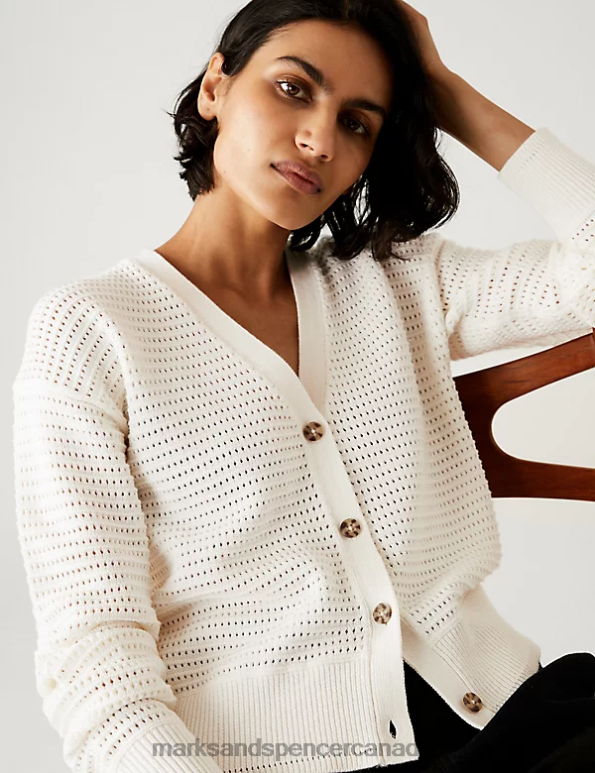 Women Ivory Clothing Marks & Spencer Cotton Rich Textured V-Neck Cardigan 20VTD2076 - Marks and Spencer outlet