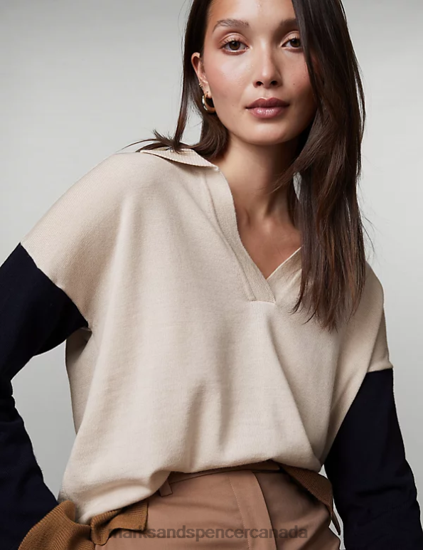 Women Ivory Clothing Marks & Spencer Pure Merino Wool Colour Block Jumper 20VTD787 - Marks and Spencer Canada locations