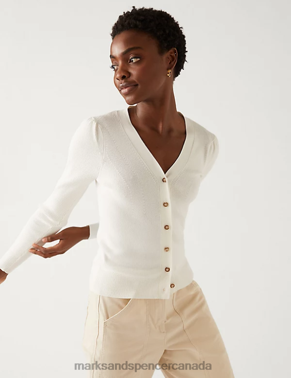 Women Ivory Clothing Marks & Spencer Ribbed V-Neck Cardigan 20VTD2361 - Marks and Spencer Canada locations