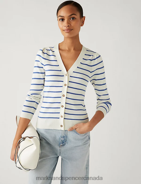 Marks and Spencer near me - Women Ivory Mix Clothing Marks & Spencer Striped V-Neck Button Front Cardigan 20VTD2116