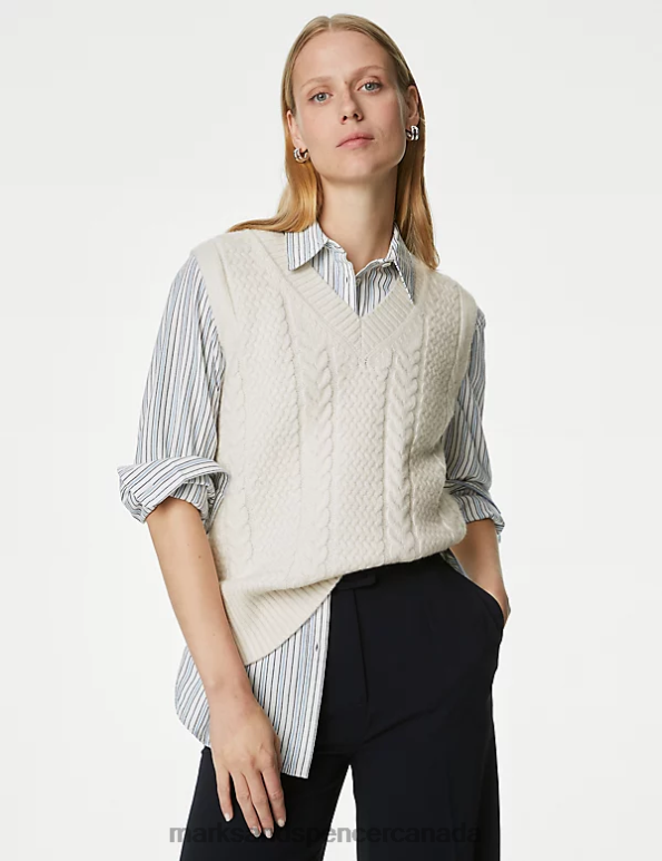 Marks and Spencer sale - Women Light Natural Clothing Marks & Spencer Cable Knit V-Neck Knitted Vest 20VTD246