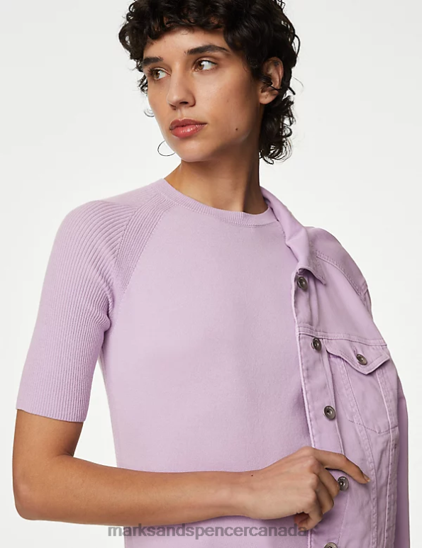 Marks and Spencer Canada - Women Lilac Clothing Marks & Spencer Cotton Rich Ribbed Crew Neck Knitted Top 20VTD1758