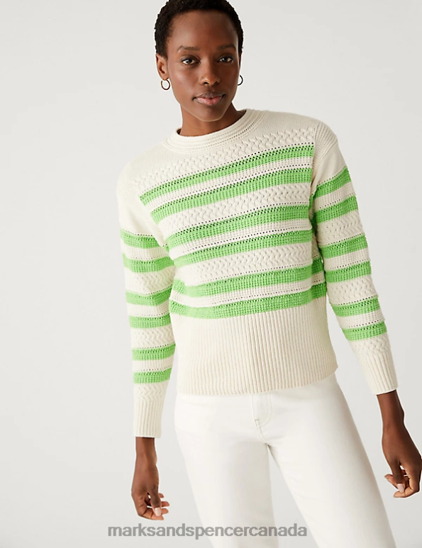 Marks and Spencer sale - Women Lime Mix Clothing Marks & Spencer Cotton Rich Striped Crew Neck Jumper 20VTD1692