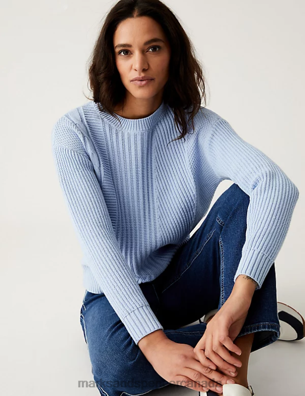 Marks and Spencer sale - Women Medium Blue Clothing Marks & Spencer Cotton Rich Textured Crew Neck Jumper 20VTD1867