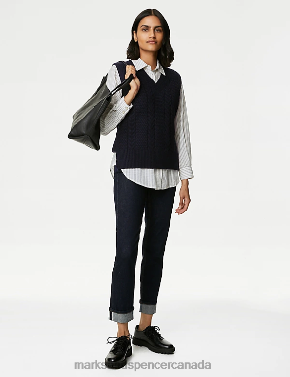 Women Midnight Navy Clothing Marks & Spencer Cable Knit V-Neck Knitted Vest 20VTD562 - Marks and Spencer Canada locations