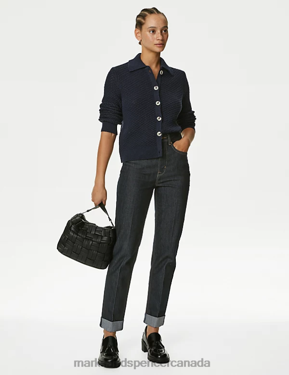 Marks and Spencer sale - Women Midnight Navy Clothing Marks & Spencer Cotton Rich Textured Collared Cardigan 20VTD390