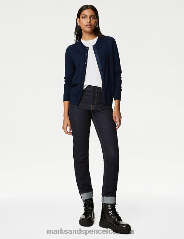 Women Navy Clothing Marks & Spencer Pure Merino Wool Crew Neck Cardigan 20VTD1387 - Marks and Spencer outlet