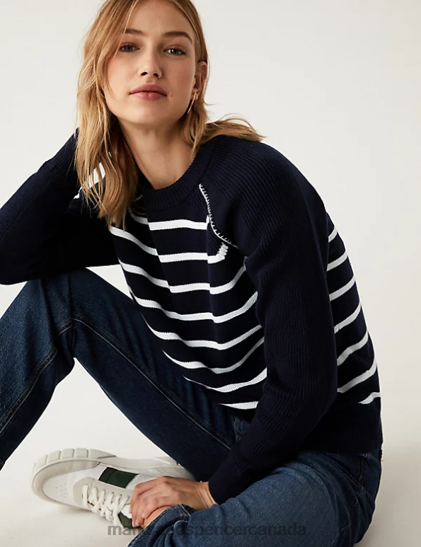 Women Navy Mix Clothing Marks & Spencer Cotton Rich Striped Crew Neck Jumper 20VTD1979 - Marks and Spencer outlet