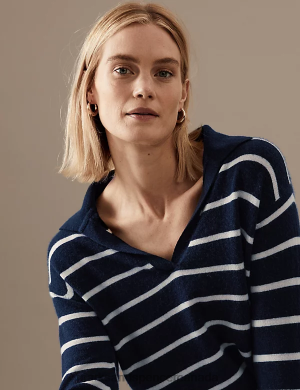 Women Navy Mix Clothing Marks & Spencer Pure Cashmere Striped Collared Jumper 20VTD1232 - Marks and Spencer online