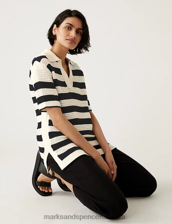 Women Navy Mix Clothing Marks & Spencer Pure Cotton Striped Collared Knitted Top 20VTD249 - Marks and Spencer Canada locations