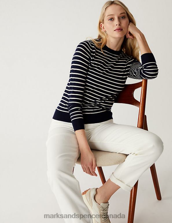 Marks and Spencer sale - Women Navy Mix Clothing Marks & Spencer Pure Merino Wool Striped Crew Neck Jumper 20VTD1152