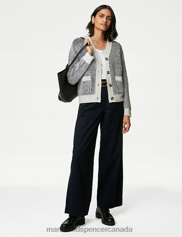 Women Navy Mix Clothing Marks & Spencer Recycled Blend Striped V-Neck Cardigan 20VTD59 - Marks and Spencer Canada locations