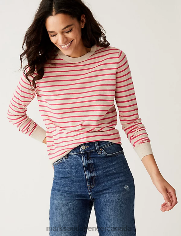 Women Oatmeal Mix Clothing Marks & Spencer Pure Merino Wool Striped Crew Neck Jumper 20VTD1482 - Marks and Spencer outlet