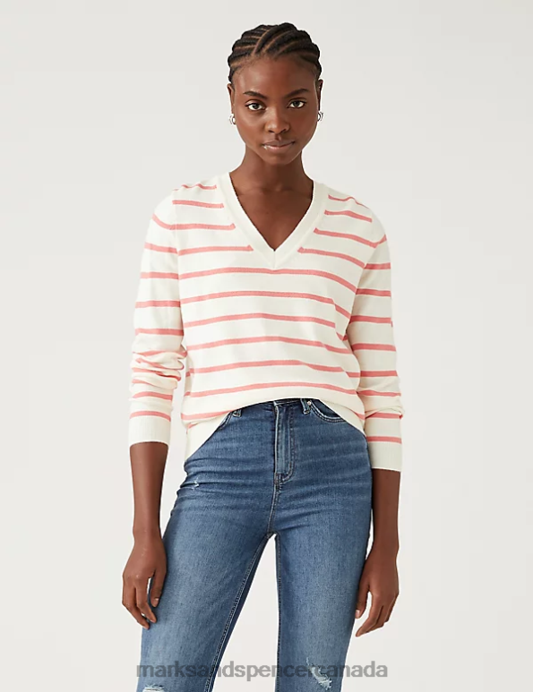 Women Pink Mix Clothing Marks & Spencer Supersoft Striped V-Neck Jumper 20VTD2710 - Marks and Spencer Canada locations