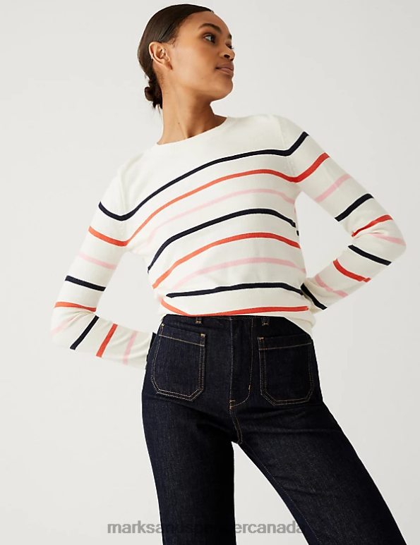 Marks and Spencer Canada - Women Red Mix Clothing Marks & Spencer Supersoft Striped Crew Neck Jumper 20VTD1405