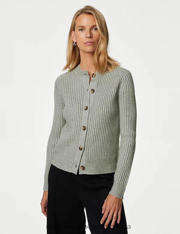 Marks and Spencer near me - Women Soft Green Clothing Marks & Spencer Knitted Ribbed Crew Neck Cardigan 20VTD365