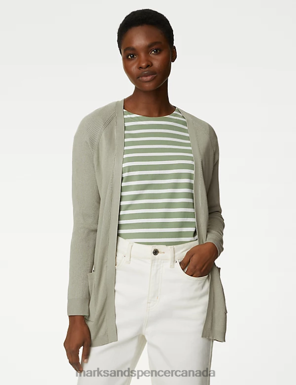 Marks and Spencer Canada - Women Soft Green Clothing Marks & Spencer Ribbed Edge to Edge Longline Cardigan 20VTD930