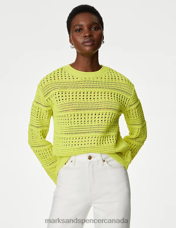 Women Soft Lime Clothing Marks & Spencer Cotton Blend Pointelle Crew Neck Jumper 20VTD432 - Marks and Spencer outlet