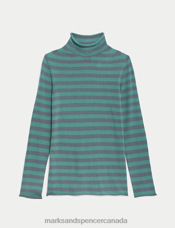 Marks and Spencer sale - Women Teal Mix Clothing Marks & Spencer Pure Merino Wool Striped Funnel Neck Jumper 20VTD740