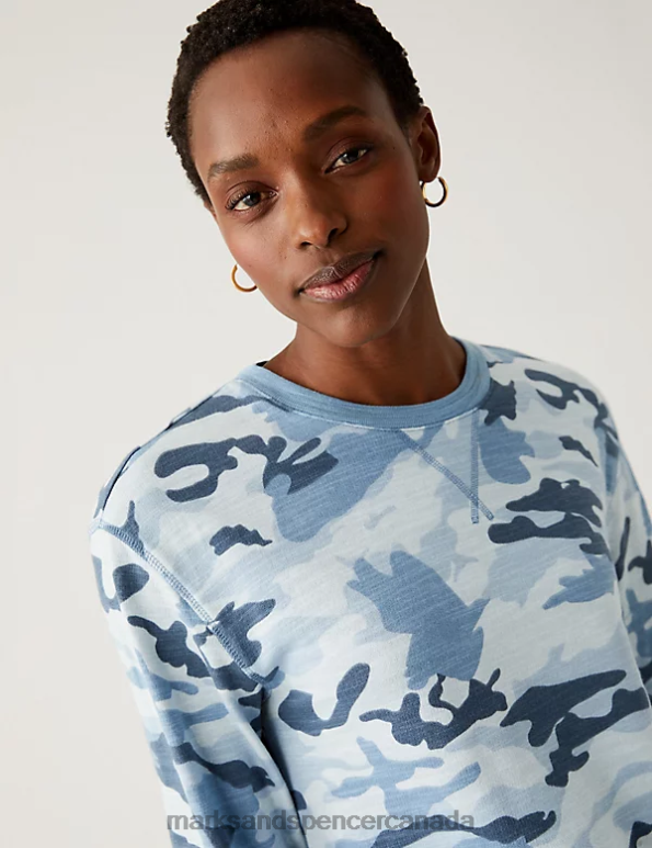 Marks and Spencer sale - Women Blue Mix Clothing Marks & Spencer Pure Cotton Animal Print Sweatshirt 20VTD2197