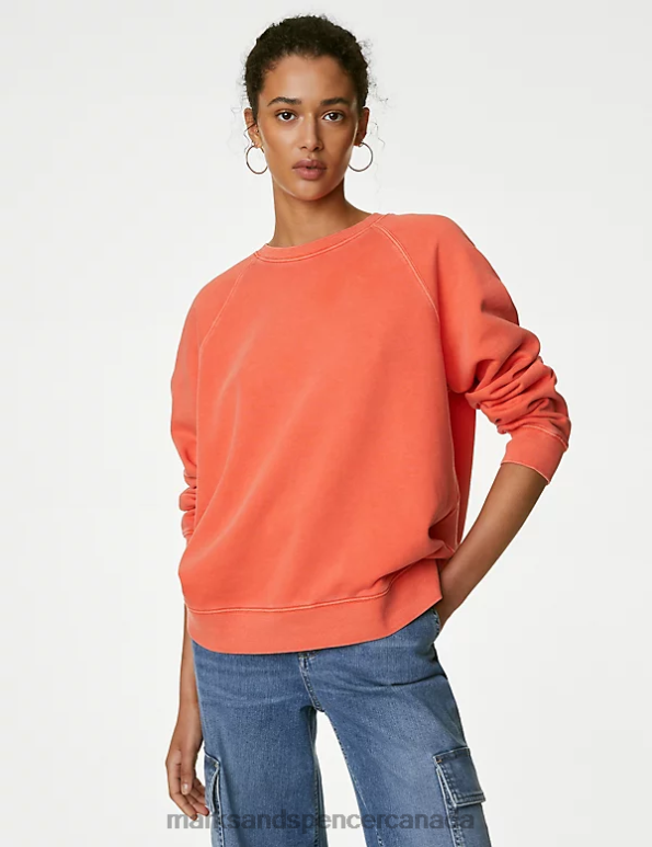 Women Bright Orange Clothing Marks & Spencer Pure Cotton Crew Neck Sweatshirt 20VTD905 - Marks and Spencer outlet