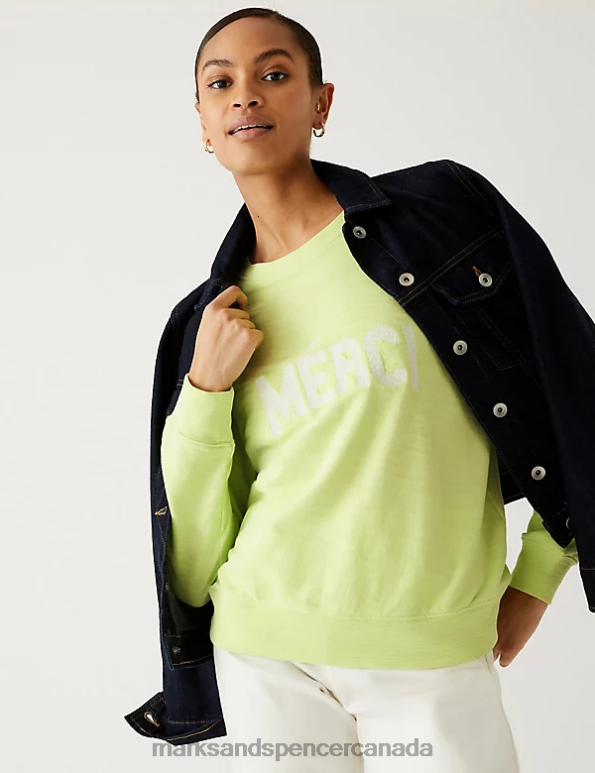 Women Lime Mix Clothing Marks & Spencer Pure Cotton Printed Sweatshirt 20VTD2500 - Marks and Spencer outlet