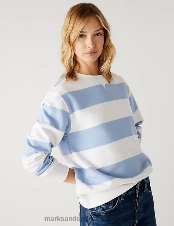 Women Medium Blue Mix Clothing Marks & Spencer Cotton Rich Striped Crew Neck Sweatshirt 20VTD573 - Marks and Spencer outlet