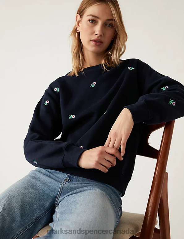 Marks and Spencer Canada - Women Navy Mix Clothing Marks & Spencer Cotton Rich Embroidered Sweatshirt 20VTD1500