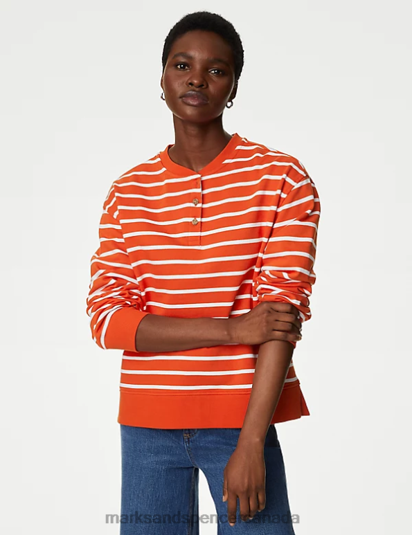 Women Orange Mix Clothing Marks & Spencer Pure Cotton Striped Crew Neck Sweatshirt 20VTD792 - Marks and Spencer online